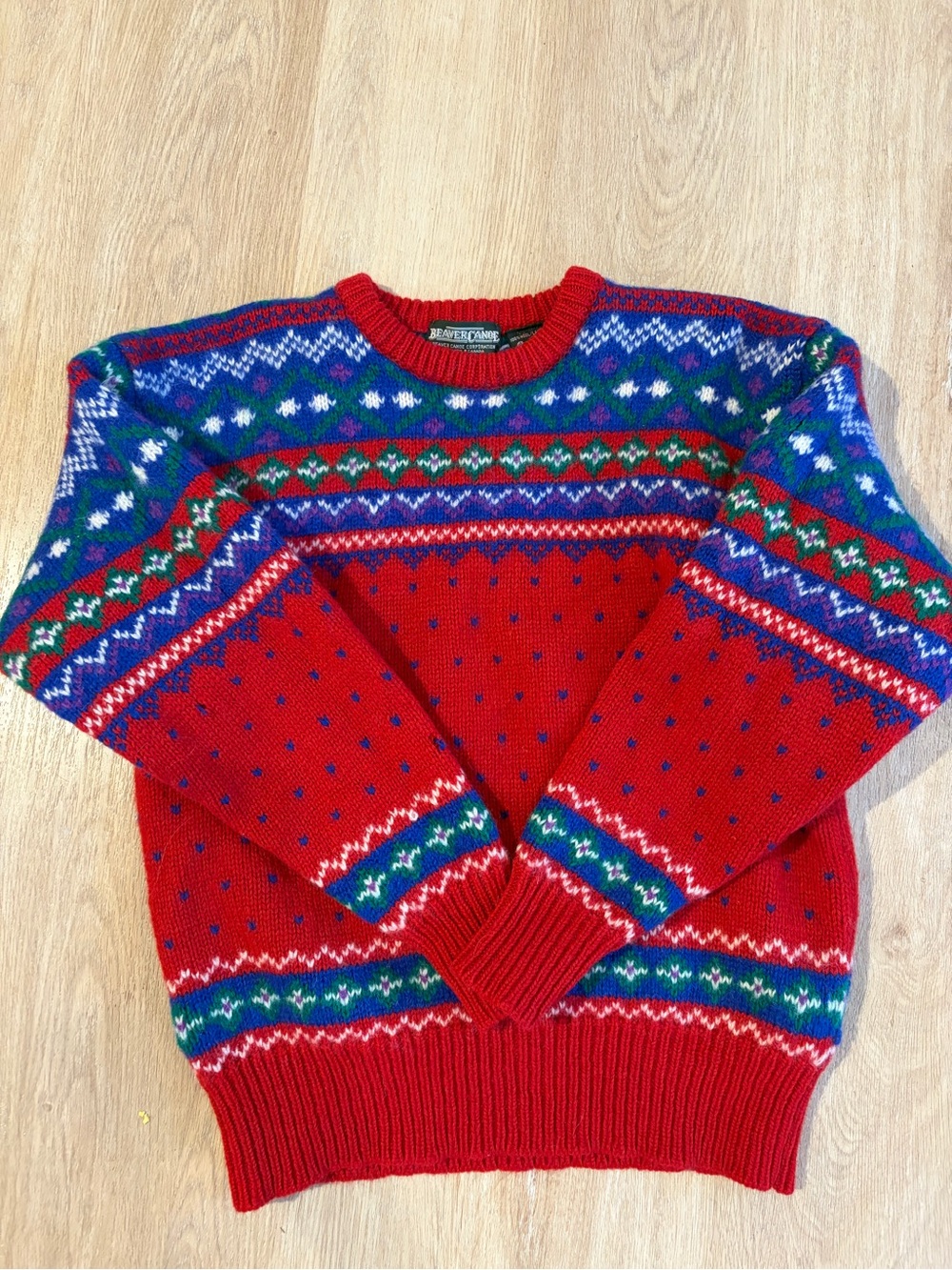 Vintage Beaver Canoe 100% Wool Red Fair Isle Crewneck Sweater M/L